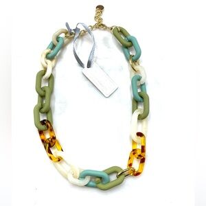 Colorblock Resin Link Necklace in Olive, Turquoise, Cream & Tortoiseshell